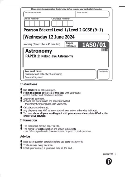 2024 Pearson Edexcel GCSE Astronomy 1AS0 Paper 1 Naked Eye Astronomy Question Paper And