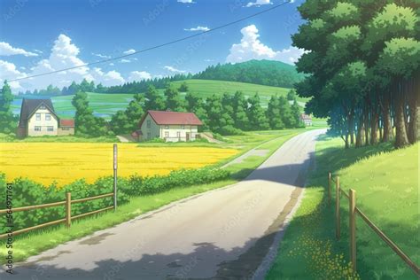 Japanese Anime Style Home In The Countryside Road Created With