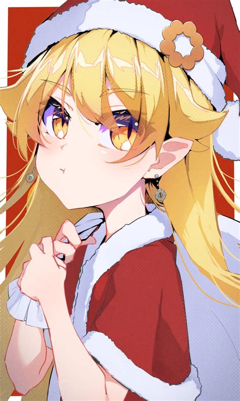 Safebooru 1girl Bakemonogatari Blonde Hair Christmas Earrings Flat Chest Food Themed Hat