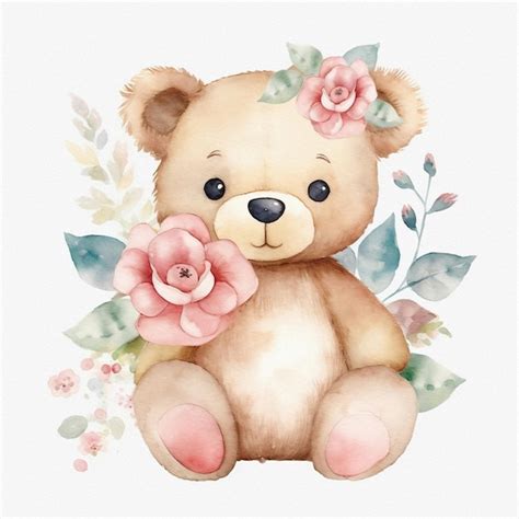 Lindo Oso De Peluche Colores Pastel Flores Acuarela Ilustraci N Foto