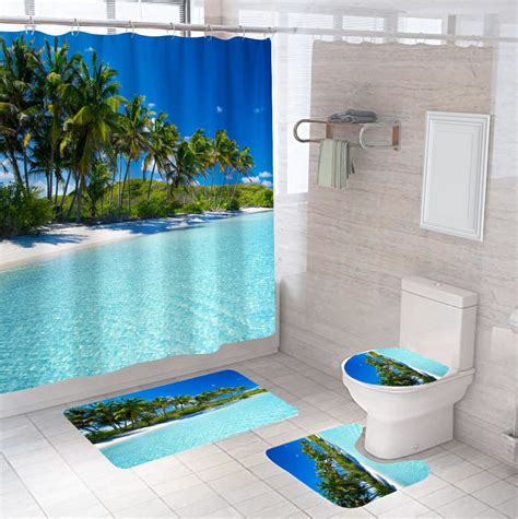 4 Pcs Shower Curtain Set Beautiful Sunrise Over Sea Beach Sunny Sunset