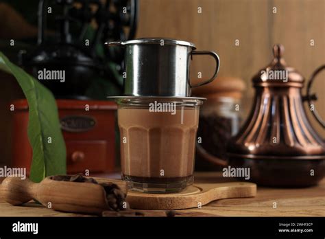 Saigon Vietnam Style Or Vietnamese Coffee Hot Milk Coffee Dripping In Stainless Drip Stock Photo