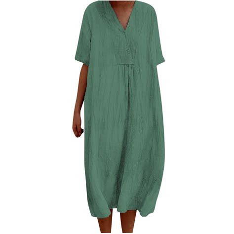 Quyuon Casual Summer Linen Dresses For Women V Neck Short Sleeve Midi