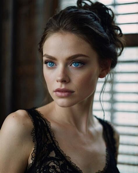 Attractive Brunette Woman In Black Lingerie Looks With Her Big Blue Eyes Generated By AI