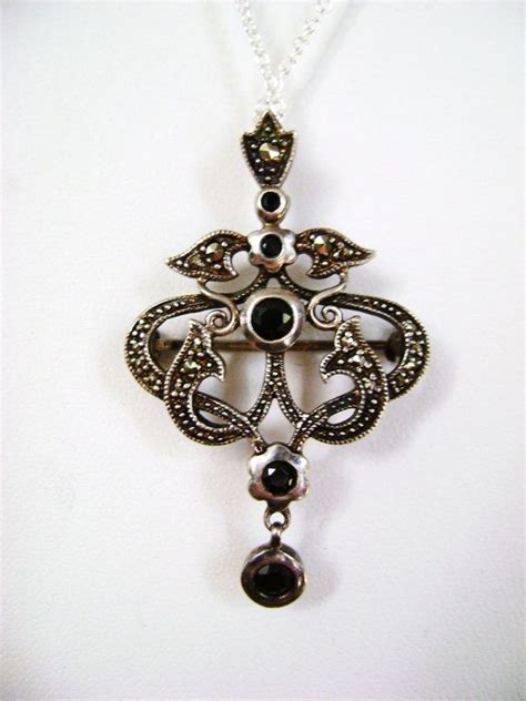 Vintage Marcasite Sterling Silver Onyx Pendant Pin With Sterling Silver