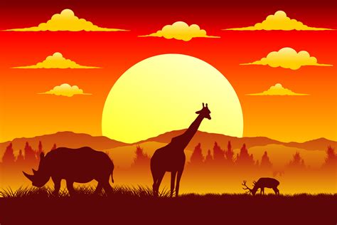 Silhouette of Sunset in Safari Landscape Graphic by edywiyonopp ...