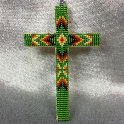 Beaded Cross Necklace Pendant Iridescent Green Native American Beadwork