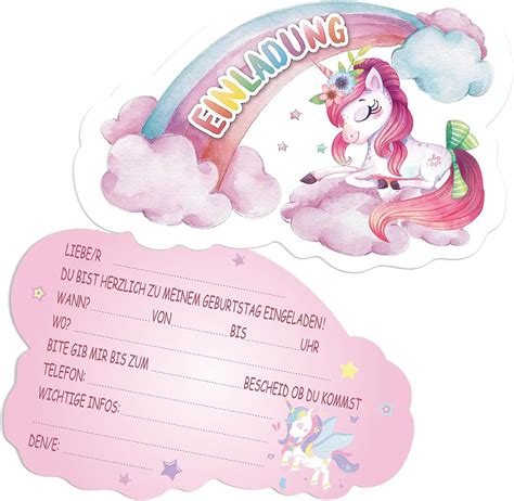 12 Stück Einhorn Einladungskarten mit Verpackung Rainbow Star Einhorn