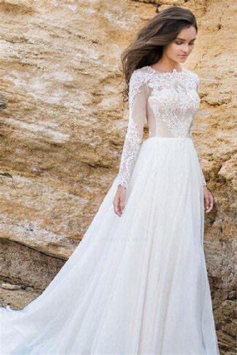 Elegant Lace Chiffon ALine Simple Long Sleeves Beach Wedding Dresses