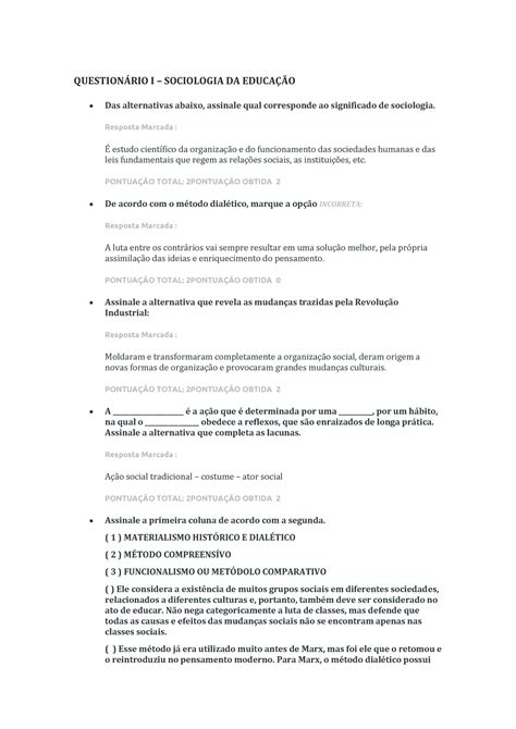 Questionario I Sociologia Da Educacao Questionrio I