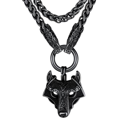 Collier Viking Loup Homme En Acier Inoxydable Noir Pendentif Tête Dent