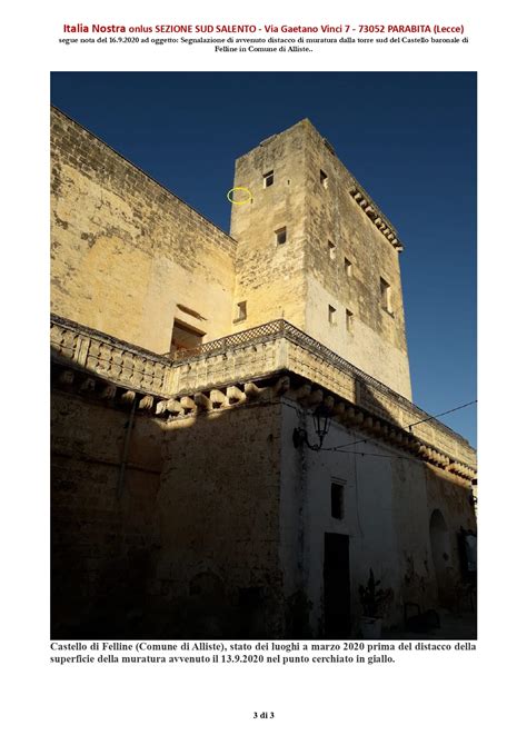 Italia Nostra Sud Salento Interviene Sul Castello Baronale Di Felline