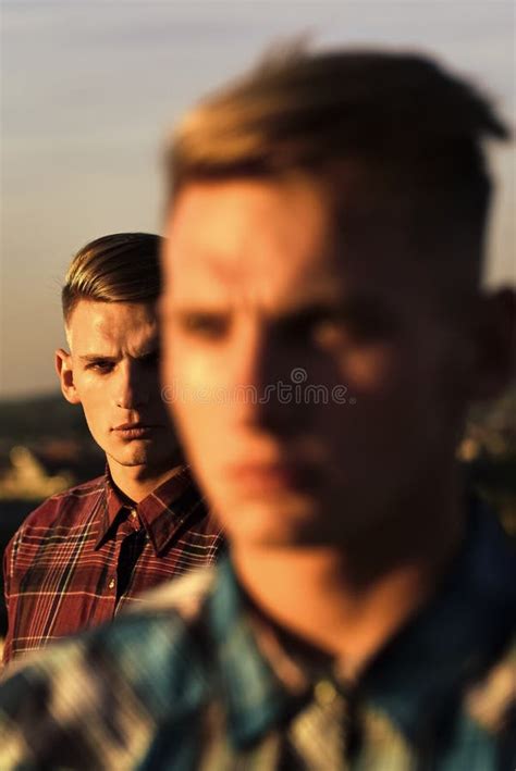 Twins Athletic Man With Naked Torsos Standing On Mountain Stock Image Image Of Leader