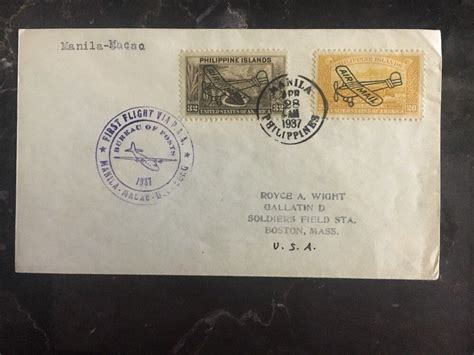 1937 Philippines USA First Flight Cover FFC Manila Macao To Boston USA