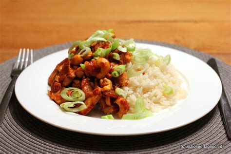 Scharfe Hähnchen Cashew Pfanne mit Reis Schöner Tag noch