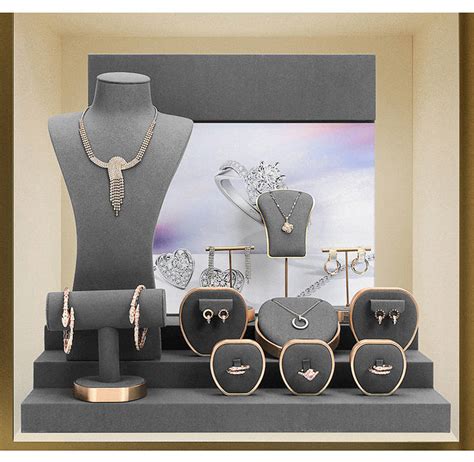 Luxury Retail Gold Metal Dark Gray Velvet Jewelry Display Sets