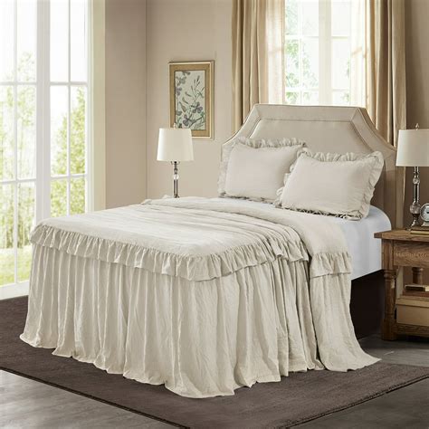 HIG 3 Piece Ruffle Skirt Bedspread Set Queen-Camel Color 30 inches Drop ...