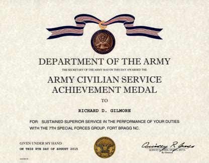 Civilian Service Achievement Medal Certificate