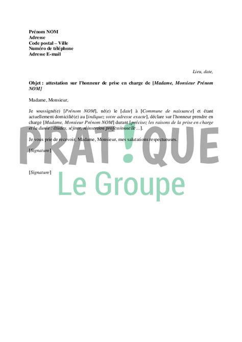 Lettre D Attestation Sur L Honneur De Prise En Charge Financial Report