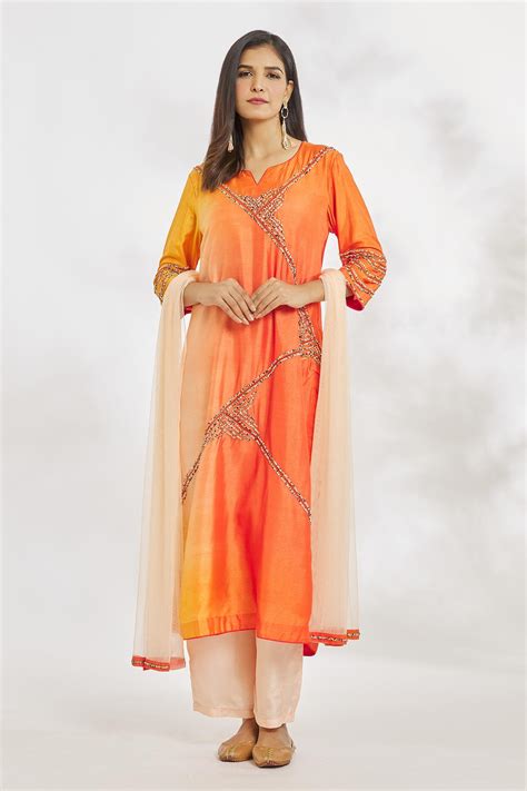 Buy Orange Silk Hand Embroidered Beads Notched Kurta Set For Women By