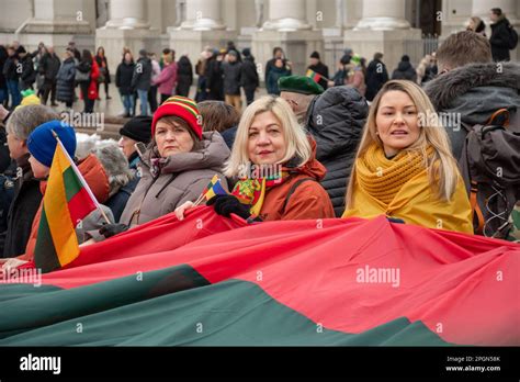 Vilnius Lithuania - March 11 2023: Huge Lithuanian flag along Gedimino