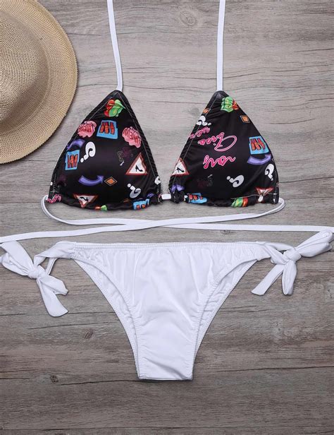 Spaghetti Strap Triangle Printed Top And Side Tie Brief Bikini Set