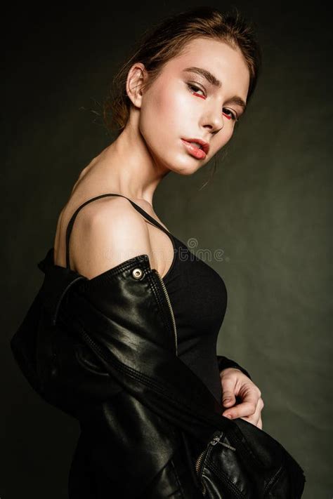 Blonde Woman In Leather Clothes Posing Stock Image Image Of Happy