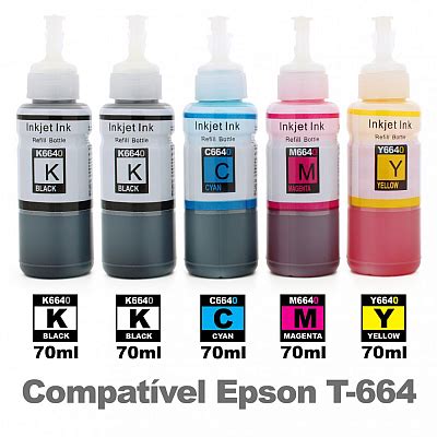 Kit 5 Frascos Refil Tinta T 664 Compatível Epson 70ml BK BK C M Y