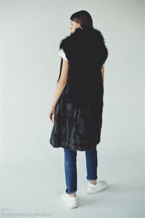 Black Long Fox Fur Vest For Women Sleeveless Jacket Winter Etsy