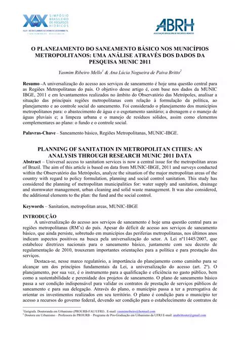 O Planejamento Do Saneamento B Sico Nos Munic Pios Metropolitanos Uma