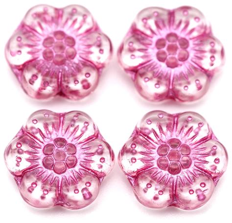 4pc 14mm Czech Pressed Glass Wild Rose Flower Beads Crystal Pink Wash