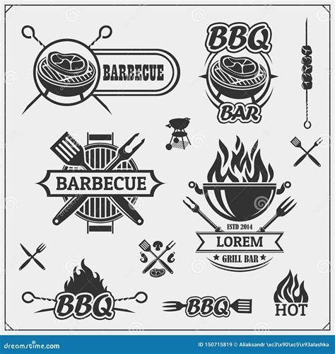 BBQ And Grill Labels Set Barbecue Emblems Badges And Design Elements