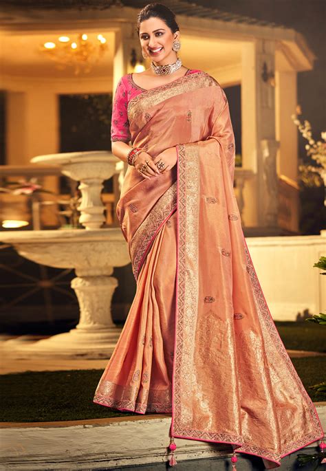 Peach Silk Saree With Blouse