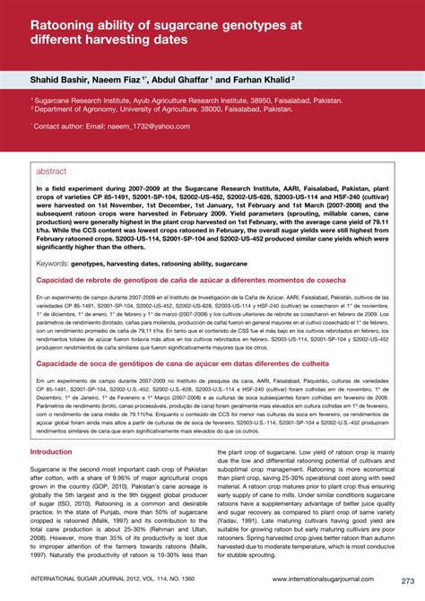 Pdf Ratooning Ability Of Sugarcane Genotypes At Different Harvesting