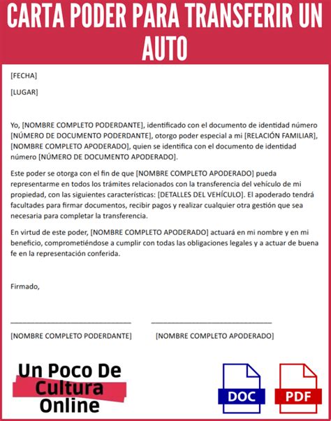 Carta Poder Para Transferir Un Auto Ejemplos Para Descarga