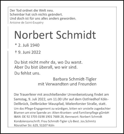 Traueranzeigen Von Norbert Schmidt WirTrauern