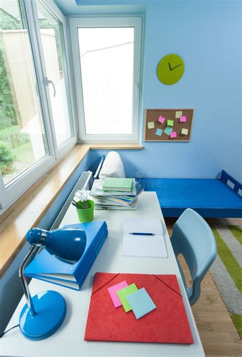 Kids room with white desk stock photo. Image of project - 43714742