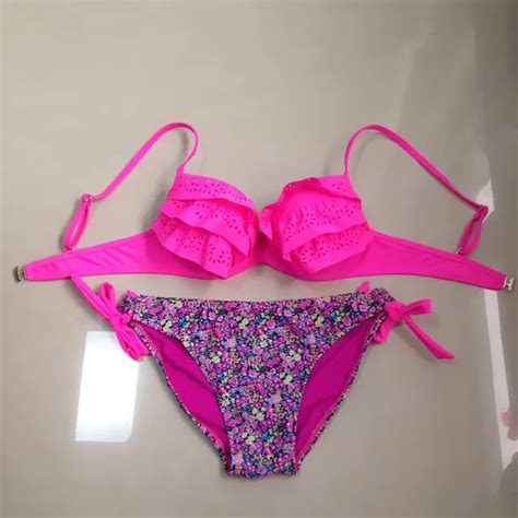 Sexy Women Pink Flounce Bikini Halter Bralette Swimwear Tiny Bathing