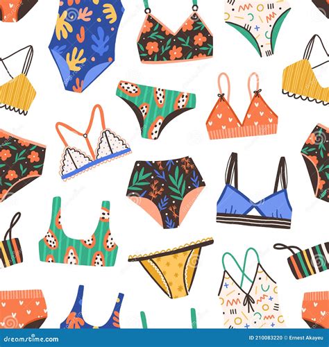 Seamless Pattern With Bikini And Swimsuit Bright Colorful Summer Backdrop With Female Bras And