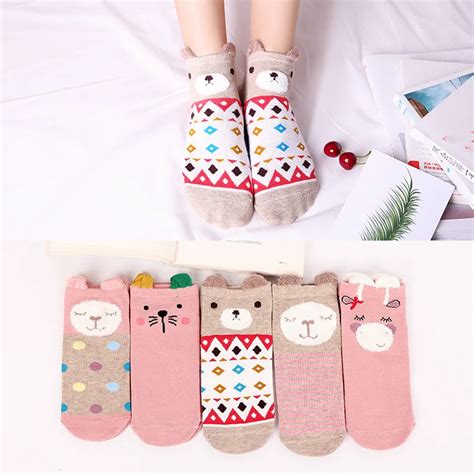 5 Pairs Kawaii Cute Girl Socks Japanese Funny Socks Cotton Ankle Anmial