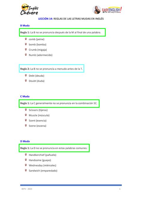 Lecci N Reglas De Las Letras Mudas En Ingl S Eetv Leccin