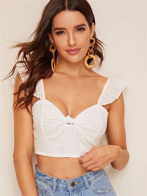 SHEIN Ruffle Trim Shirred Back Bustier Schiffy Crop Top Crop Tops