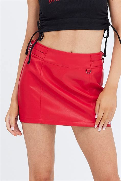 Red Faux Leather Skirt Mid Rise Mini Buckle Detail Ally Fashion