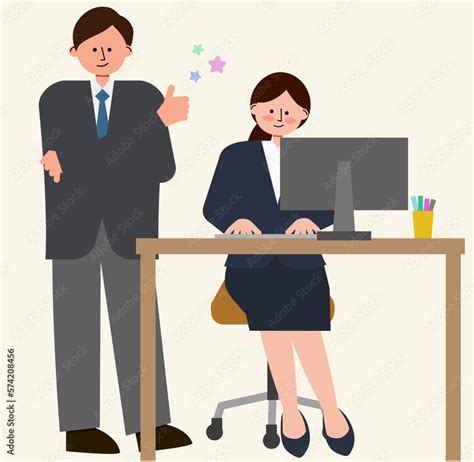 新入社員の女性が先輩社員に褒められているイラスト Vector De Stock Adobe Stock