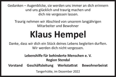 Traueranzeigen Von Klaus Hempel Abschied Nehmen De