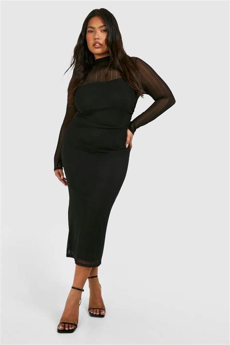 Plus Rib Mesh Long Sleeve Midi Dress Boohoo Uk