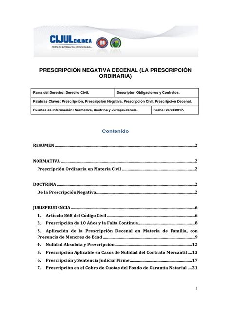 Prescripción Negativa Decenal La Prescripción Ordinaria Pdf