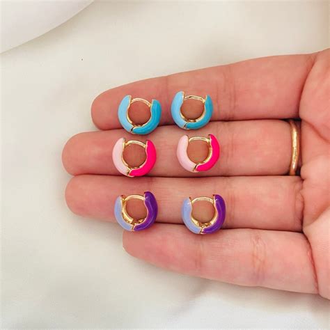 Colorful Enamel Huggies Neon Enamel Huggie Hoops Multicolor Etsy