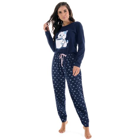 Pijama Manga longa e calça estampa Gato Navy