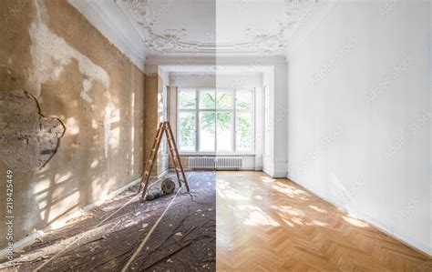 apartment renovation - empty room before and after refurbishment or ...